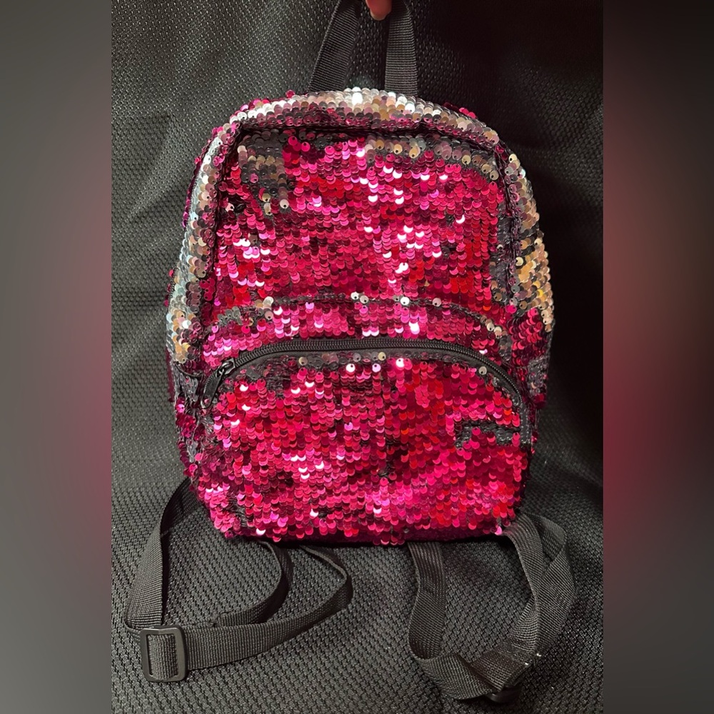 BioWorld Sequined Mini Backpack Black Silver and Fuchsia Reversible Sequins